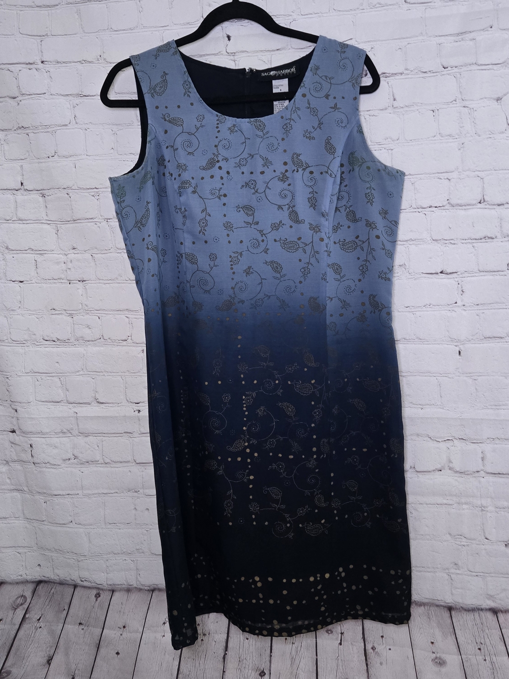 90s Y2k Sag Harbor Blue Ombre Gold Paisley Midi Shesth Dress Sz 8 Whimsigoth
